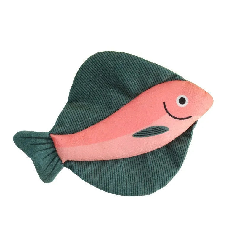 Canvas cat toy shaped like a mint fish in green eel colour on a light background