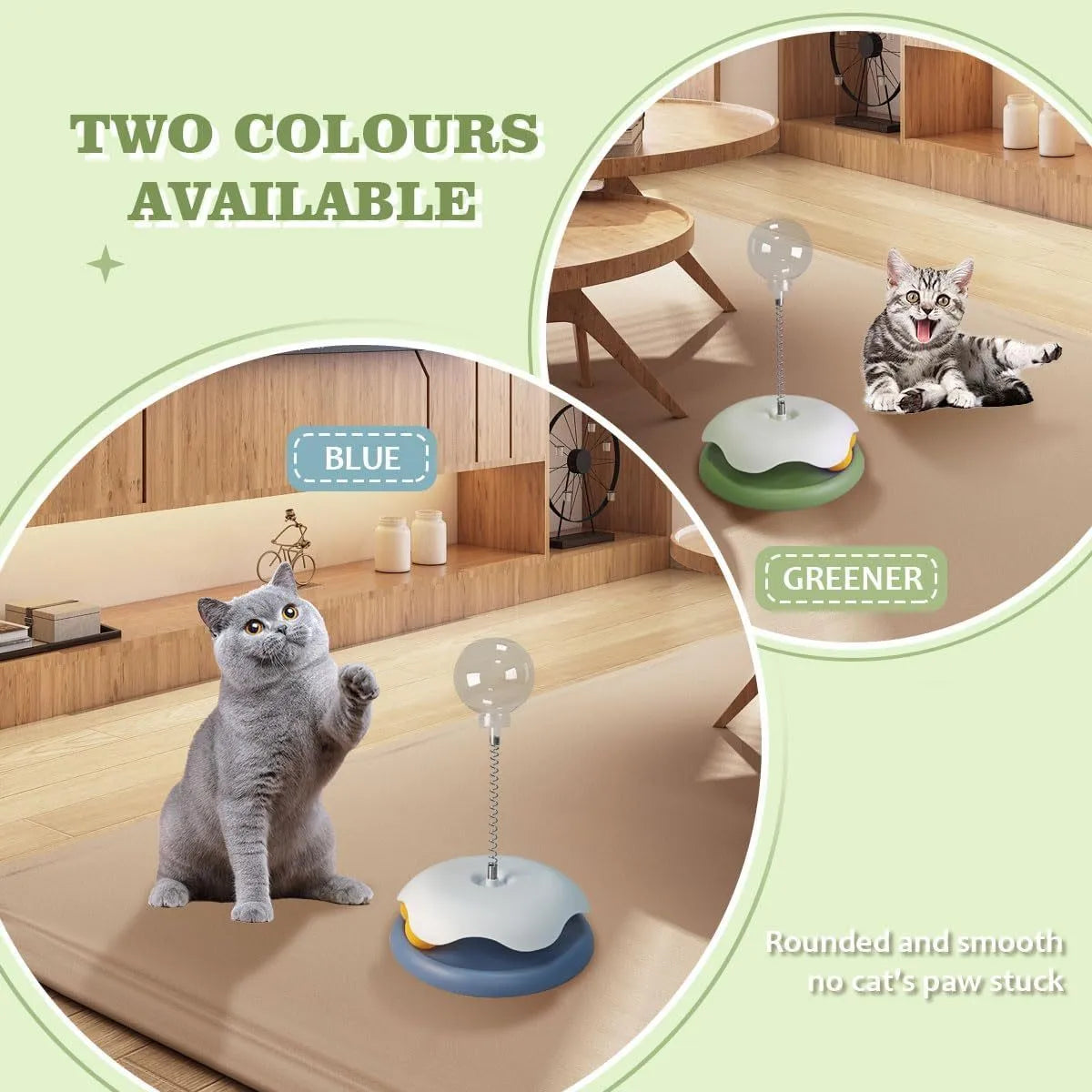 Blue cat treat dispenser toy with track ball design for interactive feeding and play