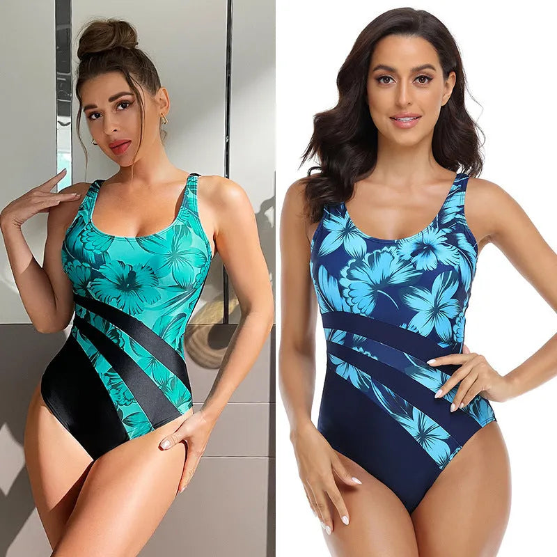 Women's blue printed conservative one-piece swimsuit in a fitted style