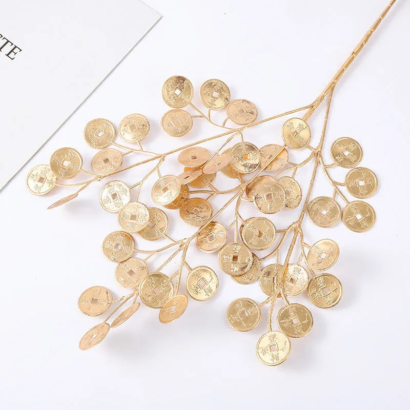 Artificial Persian eucalyptus ginkgo leaf flower arrangement in gold plastic for wedding home decor