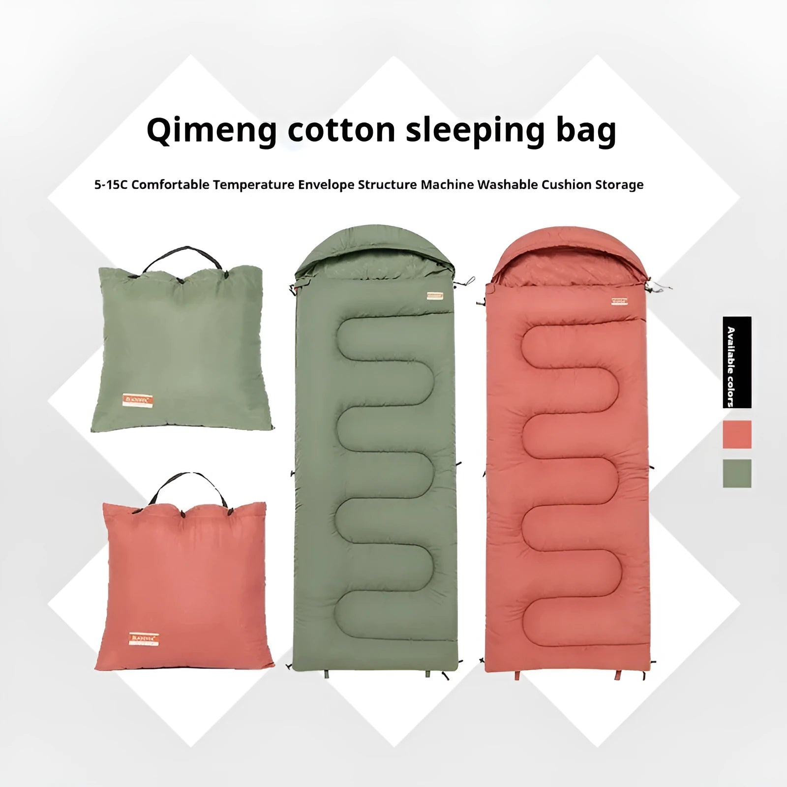 Outdoor camping cotton sleeping bag quilt in ochre or olive green colour showing quilt-style design