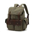 Retro canvas backpack in army green with antique bronze hardware showing dimensions and laptop compartment
