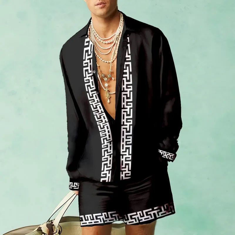 Men's summer casual outfit with slim fit long sleeve shirt and matching loose shorts