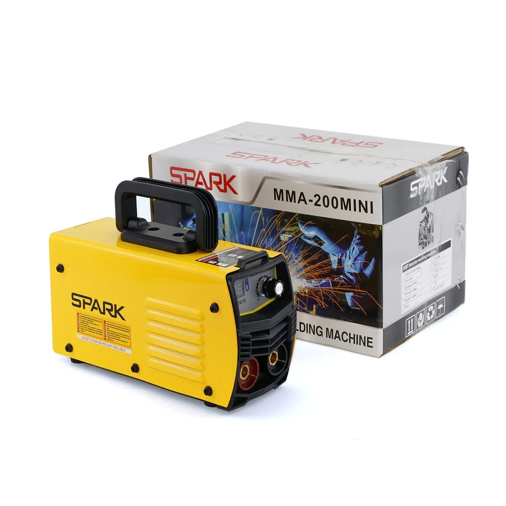 MMA-200MIN DC inverter welding machine with welding tongs, grounding clamps, face shield and brush hangers