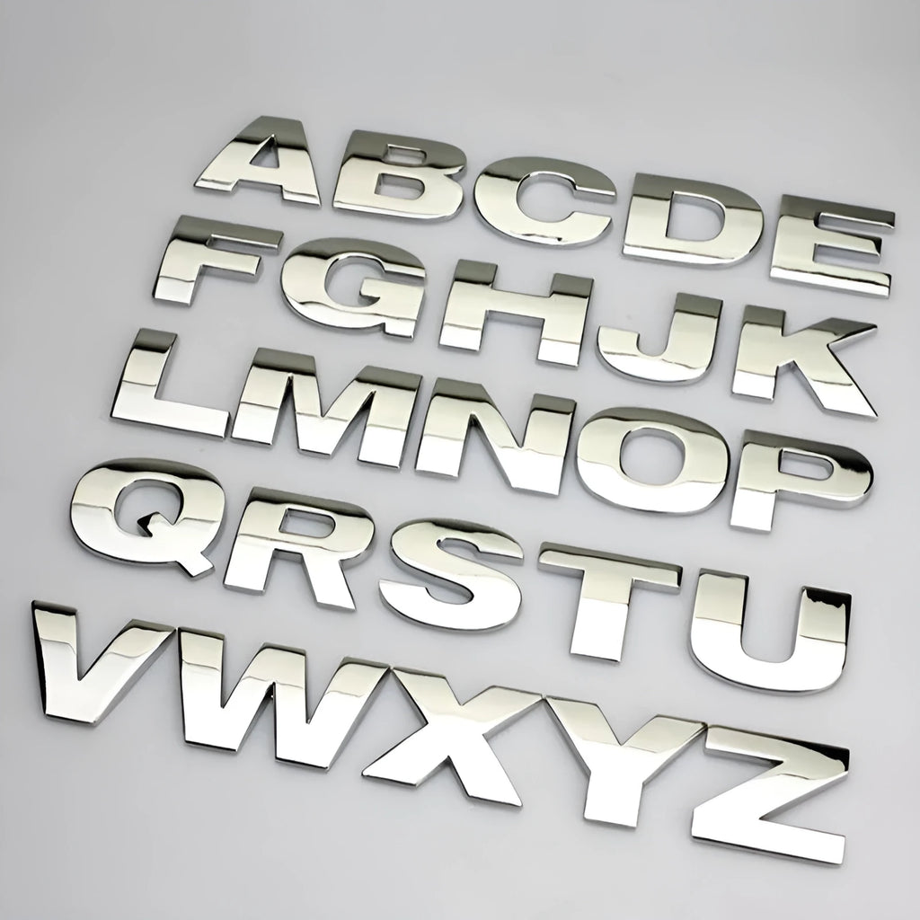 3D metal car letter sticker in zinc alloy showing raised black letter on silver background