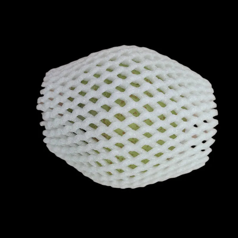 White foam net shockproof protective case for fruit, shown with sizing options.