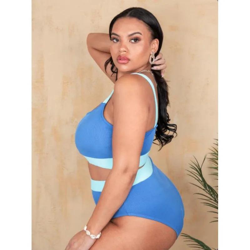 Women's solid colour high-waisted bikini set in polyester, shown in size 0XL to 4XL range.