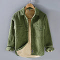 Men's fleece lined padded corduroy casual coat shirt in solid colour, Japanese retro style, loose fit, long sleeves