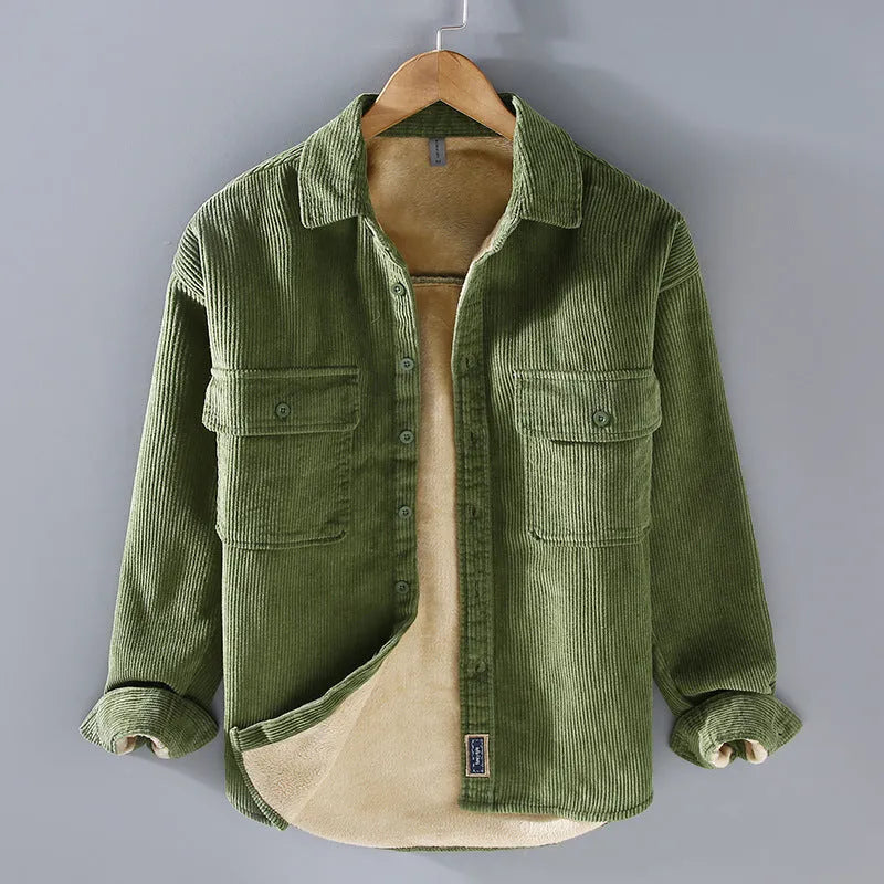 Men's fleece lined padded corduroy casual coat shirt in solid colour, Japanese retro style, loose fit, long sleeves