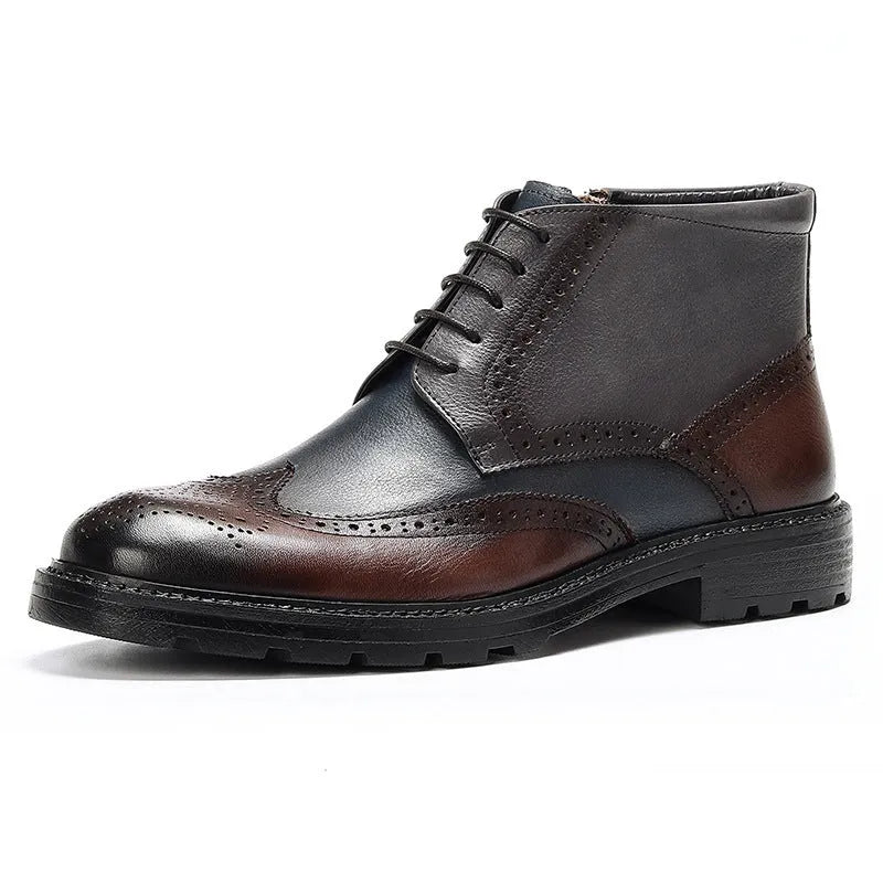 Men's coffee blue leather brogue boots with colour-block design and carved detailing on a low square heel.
