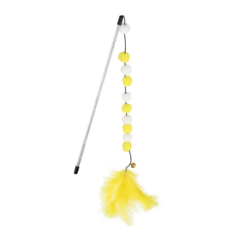 31cm long cat teaser toy rod with colourful pompons, feathers, and bell for interactive play