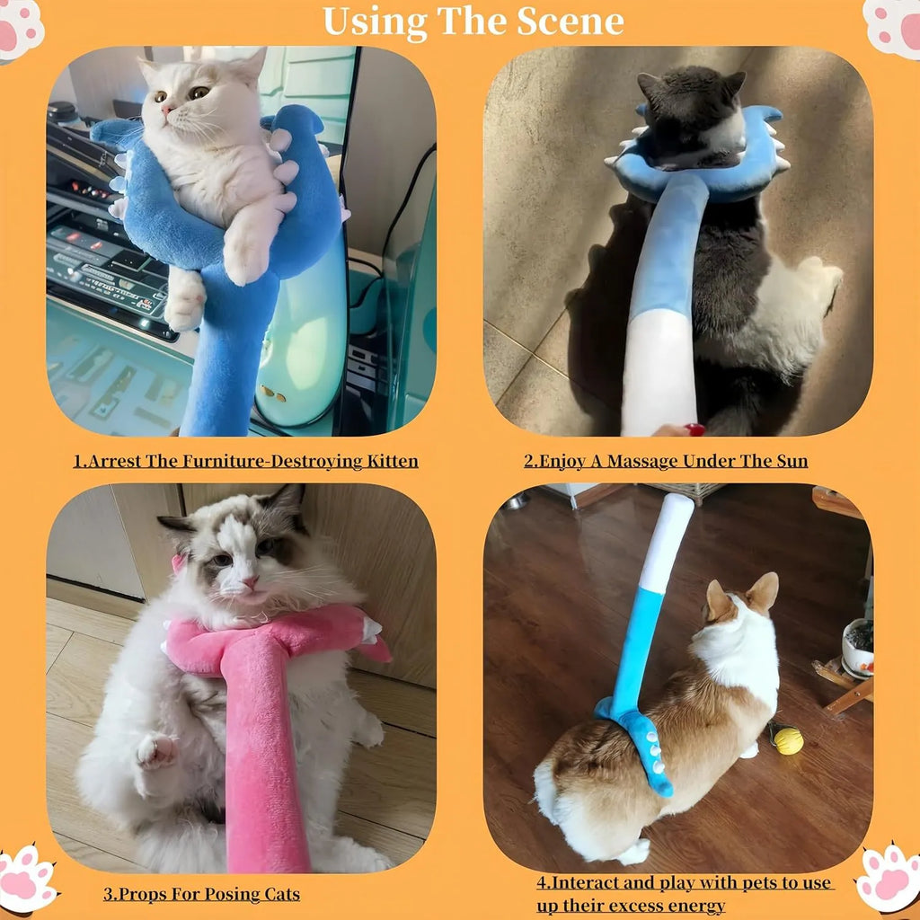 Blue plush cat wand toy with Chikawa cat head on a 70 cm long stick for interactive pet play.
