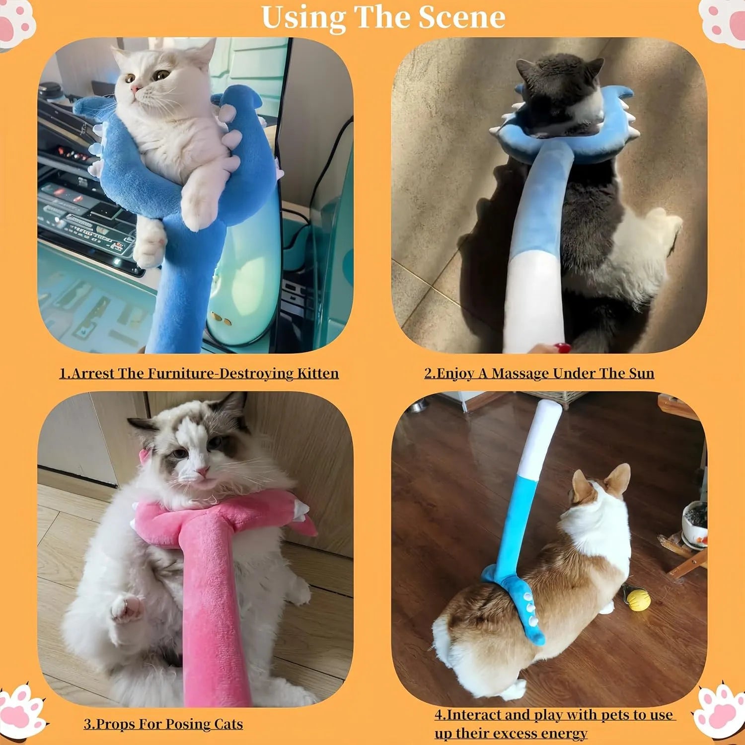 Blue plush cat wand toy with Chikawa cat head on a 70 cm long stick for interactive pet play.