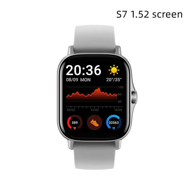 GT20 black alloy smart watch with silicone strap showing heart rate monitoring on screen