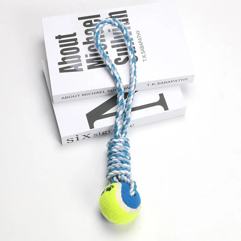 38cm long red and white twisted cotton rope dog toy for tugging with a large breed dog.