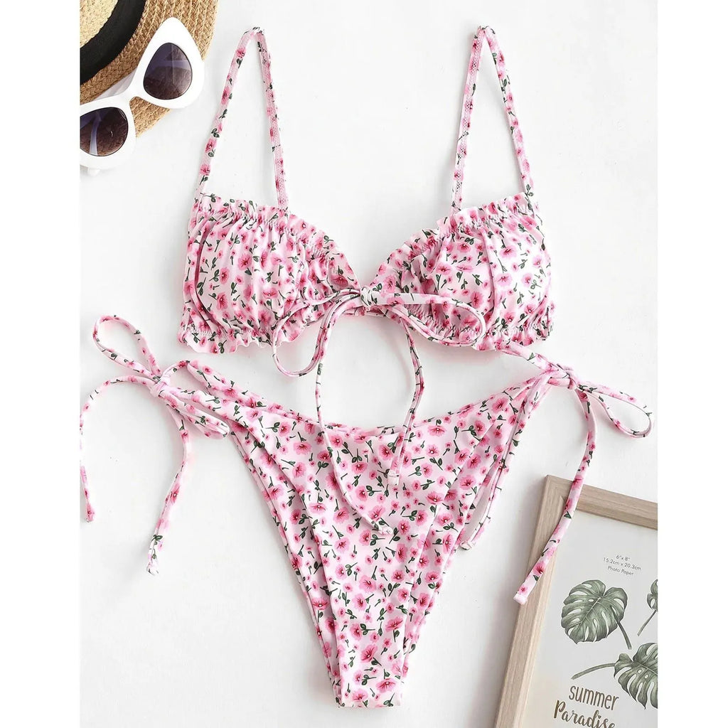Printed multi-rope banded bikini for women pullover style lapel collar short sleeves polyester blue pink