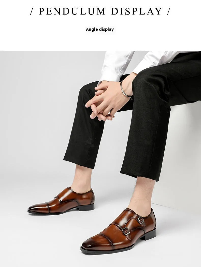 Men's black and light brown leather business shoes with square toe and rubber sole