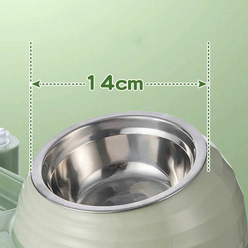 Brown elevated cat food bowl with automatic water dispenser bottle