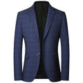 Men's loose fit plaid leisure coat in blue with patch pockets, long sleeves, and straight hem