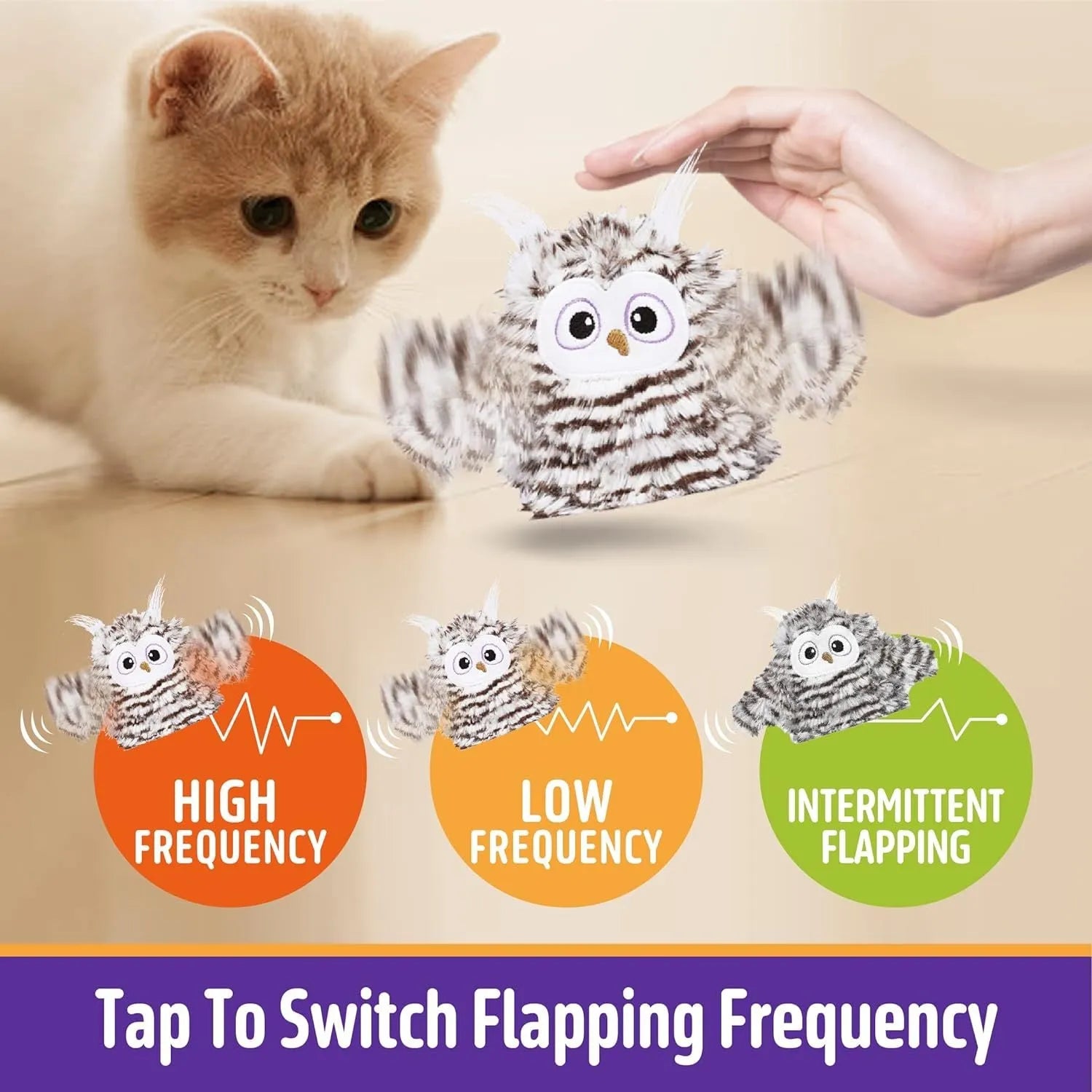 Grey automatic owl cat toy with flapping wings on flat surface, measuring 10cm by 14cm