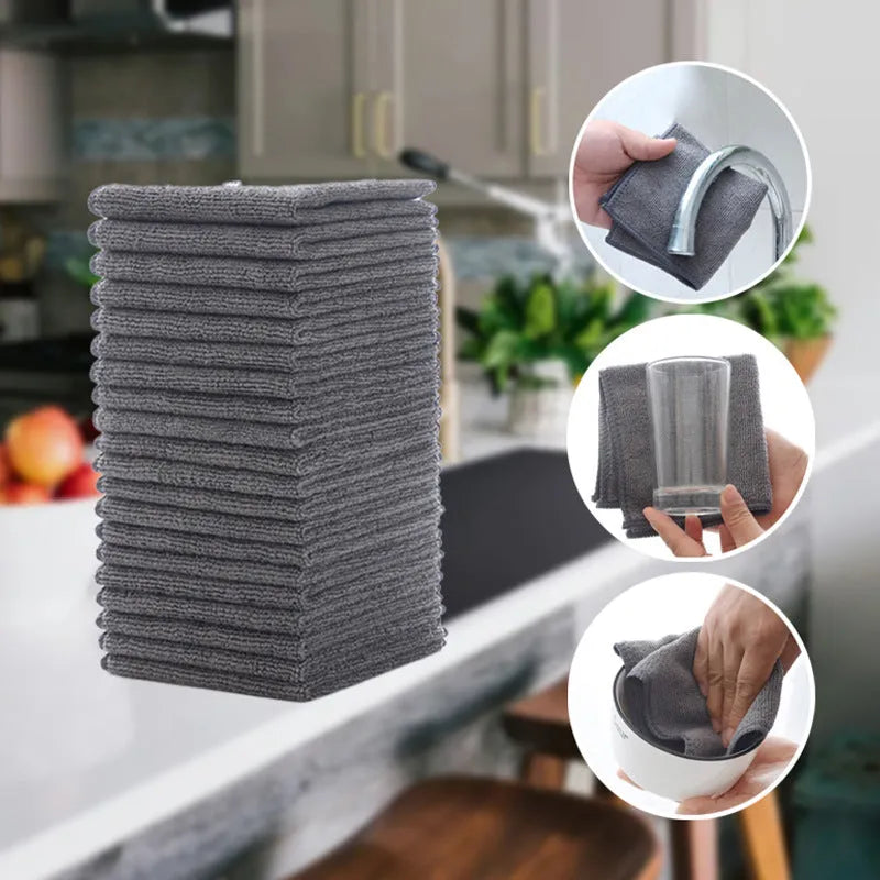Grey square microfiber kitchen cleaning cloth for oil and grease removal on pots