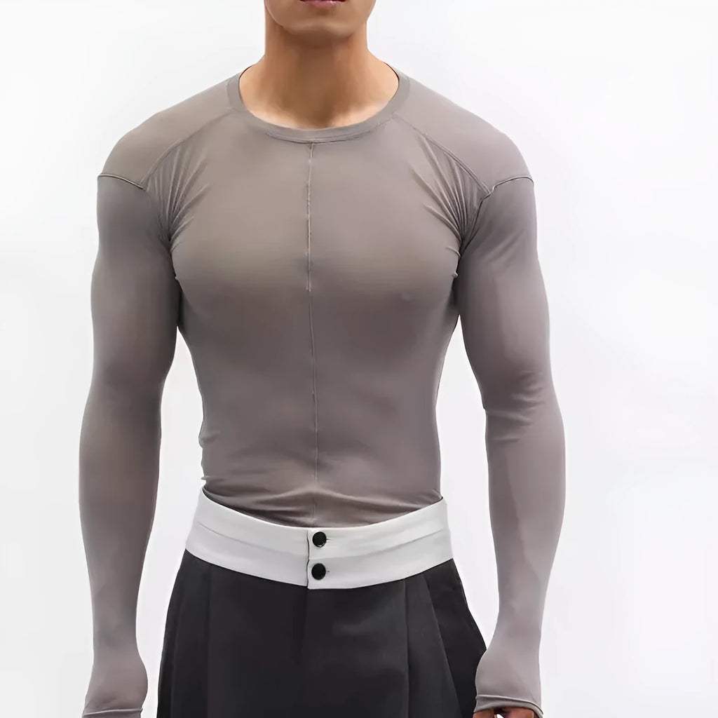 Black mesh slim-fit long sleeve PU pullover top with round neck on a model