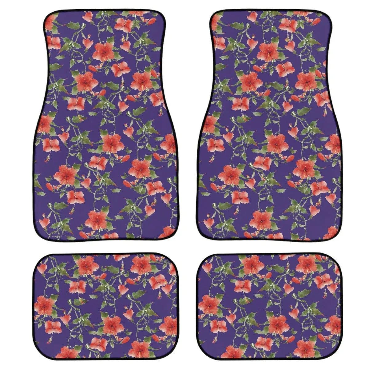 Black printed rubber car floor mat set showing four pieces with textured surface.