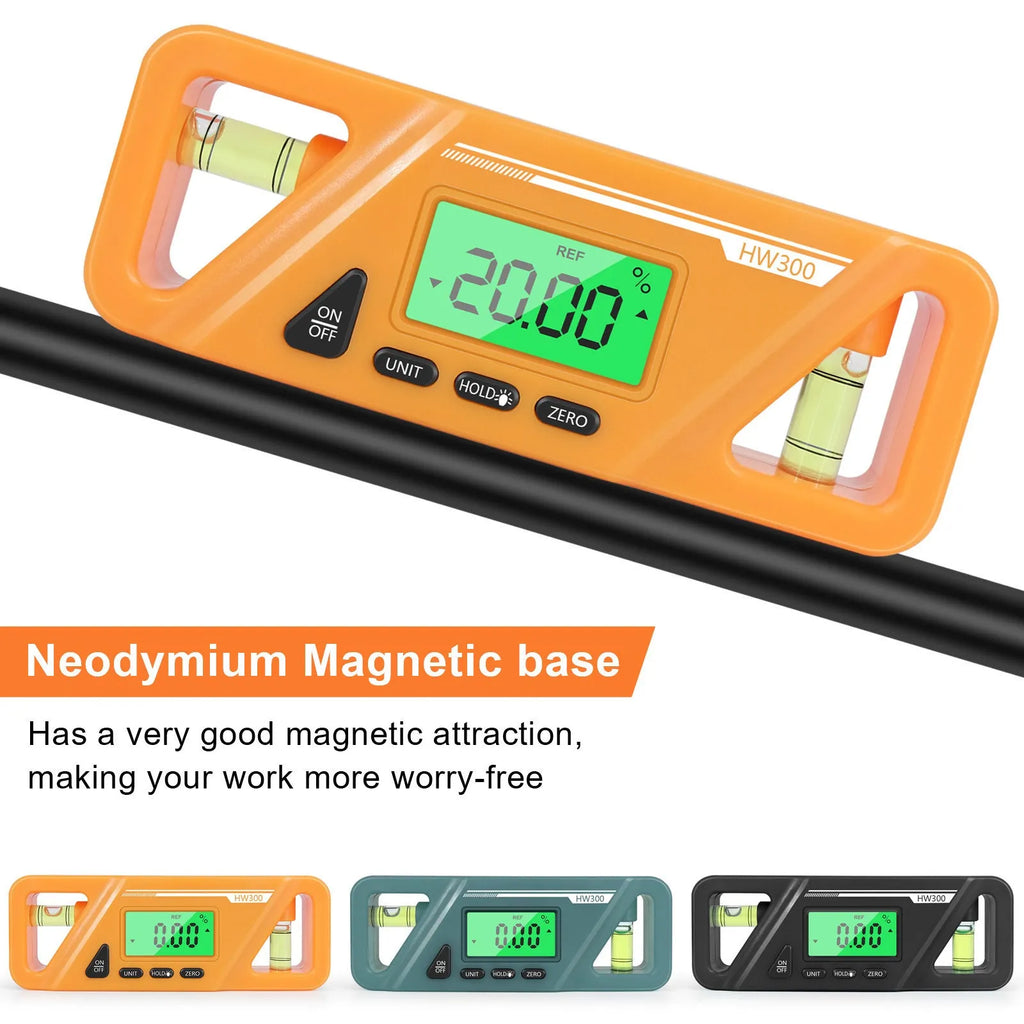 Black digital inclinometer level meter with magnetic base and LCD display showing an angle reading.