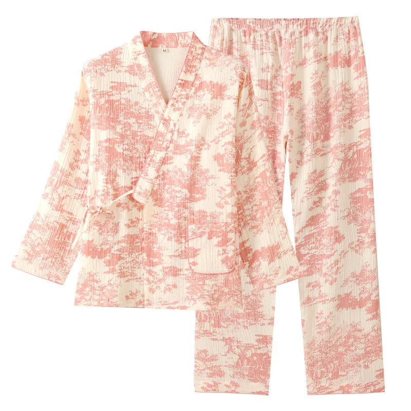 Women's pure cotton gauze long sleeve trouser set in frosted pine tree colours