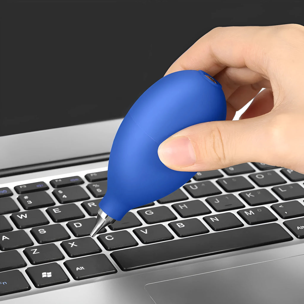 Blue and black rubber dust removal blower tool for cleaning cameras and phones