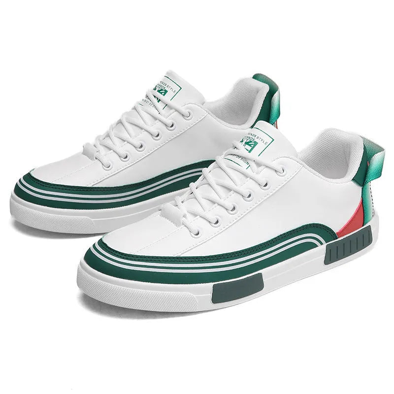 Men's beige, white, and green canvas casual shoes with mesh sections and a flat heel