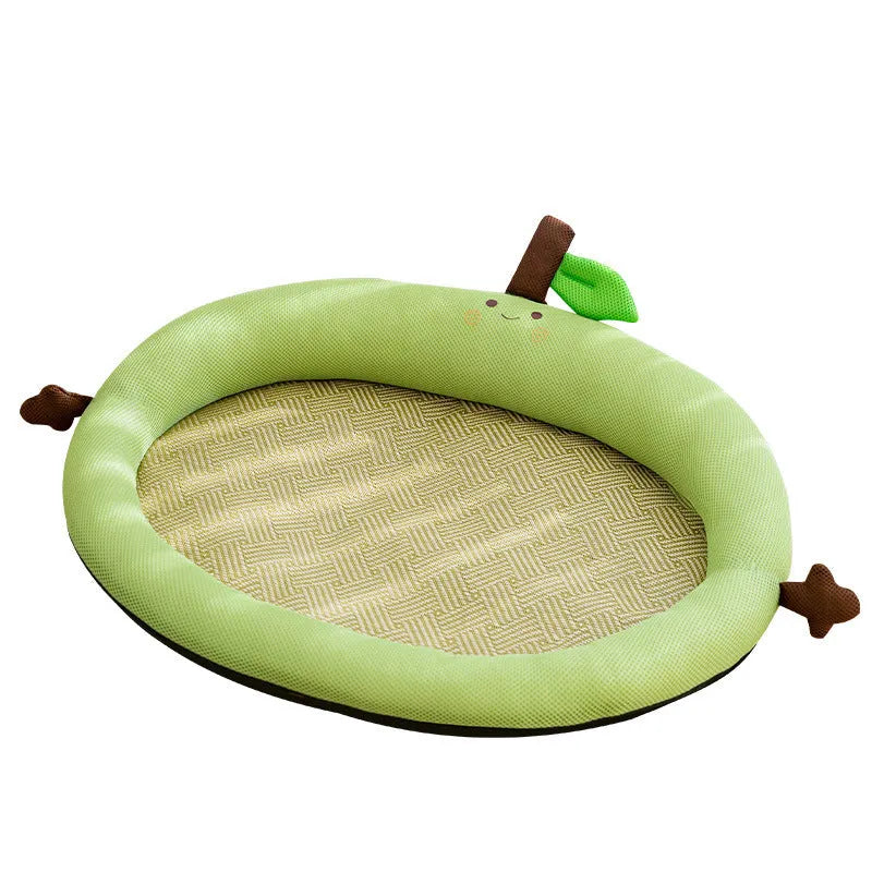 Fruit patterned pet nest with bear decoration and backrest in green or yellow colour