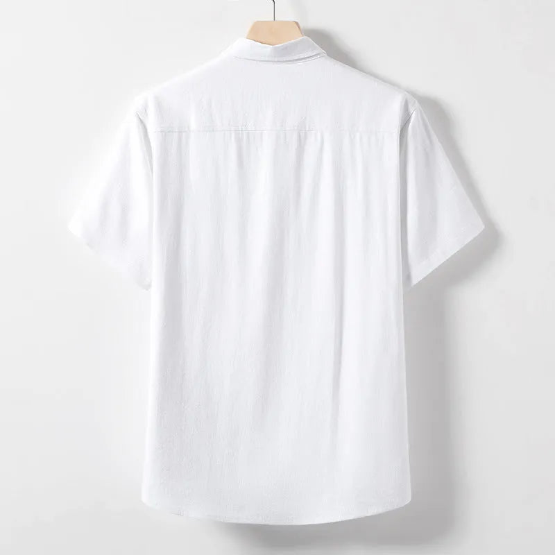 Men's linen blend T-shirt with loose lapels and short sleeves in solid colours