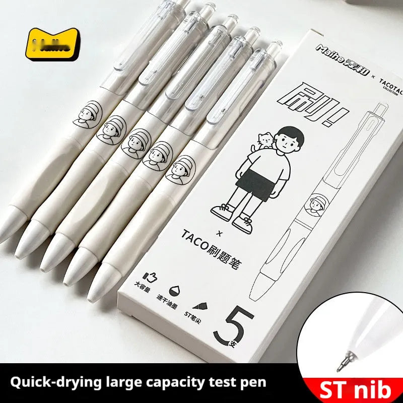Five white and black Taco series ballpoint pens with 0.5mm black ink refills for student writing
