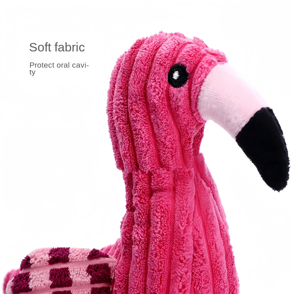 Pink animal-shaped corduroy squeaky dog toy with reinforced stitching