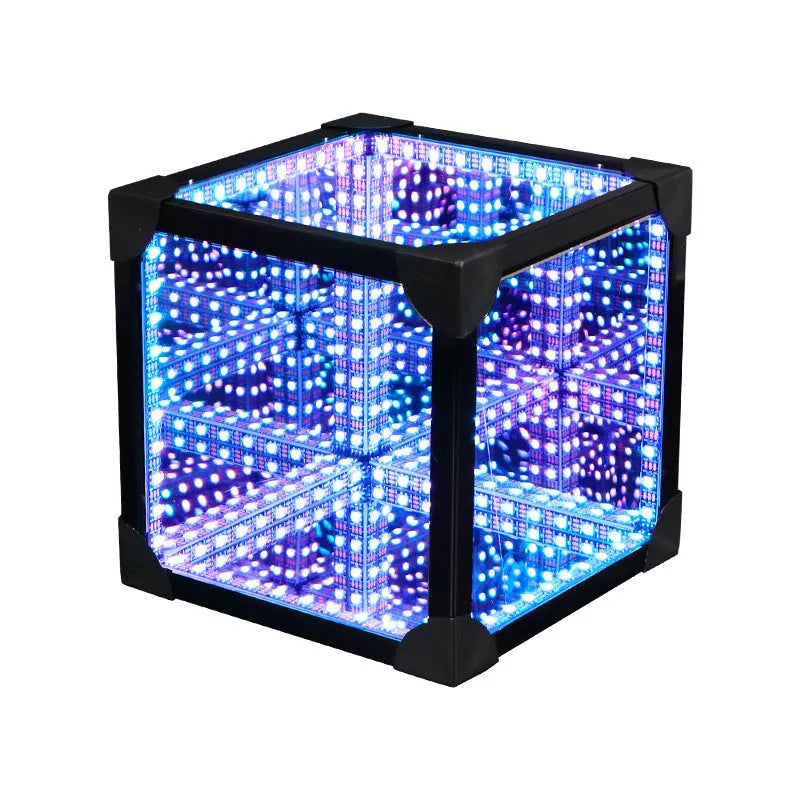 Thousand Mirrors 3D magic cube RGB LED lamp in black finish with remote control on desk
