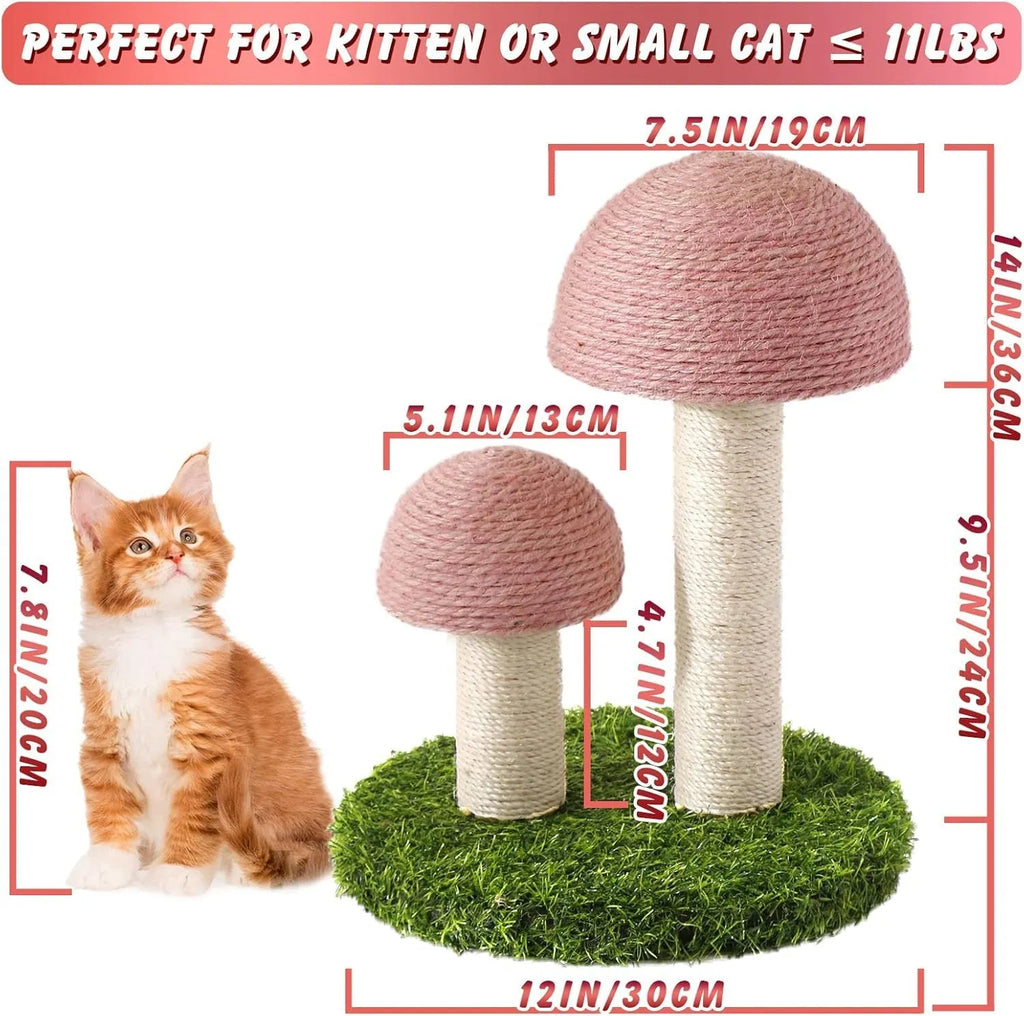 Pink mushroom-shaped cat scratching post with natural sisal covering on cap and pole