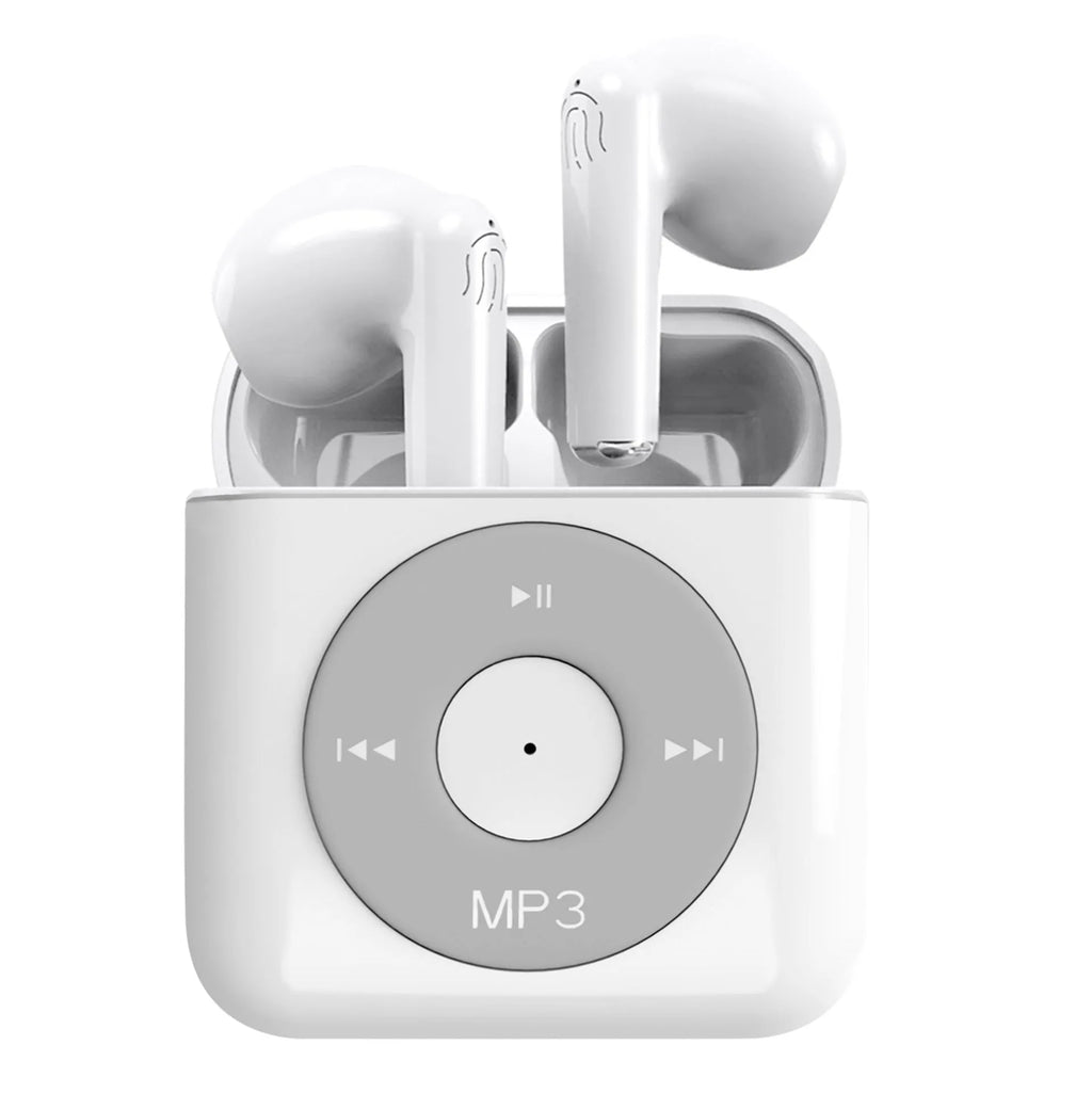 White wireless Bluetooth semi in-ear earphones and their compact charging case on a solid background.