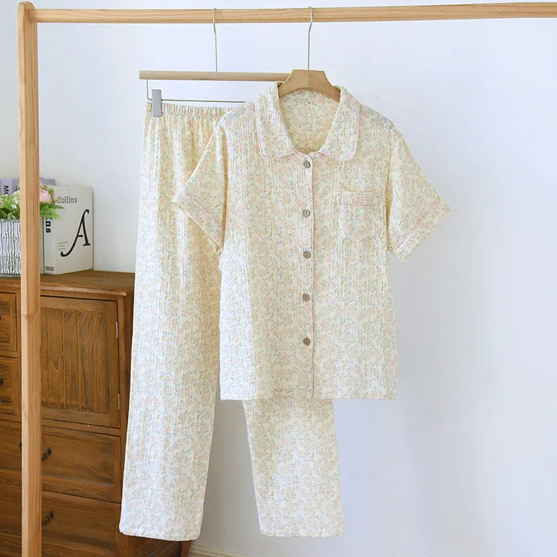 Loose washed cotton double-layer gauze short-sleeved trousers set in Flower Sea or Yellow Plaid pattern for summer casual wear