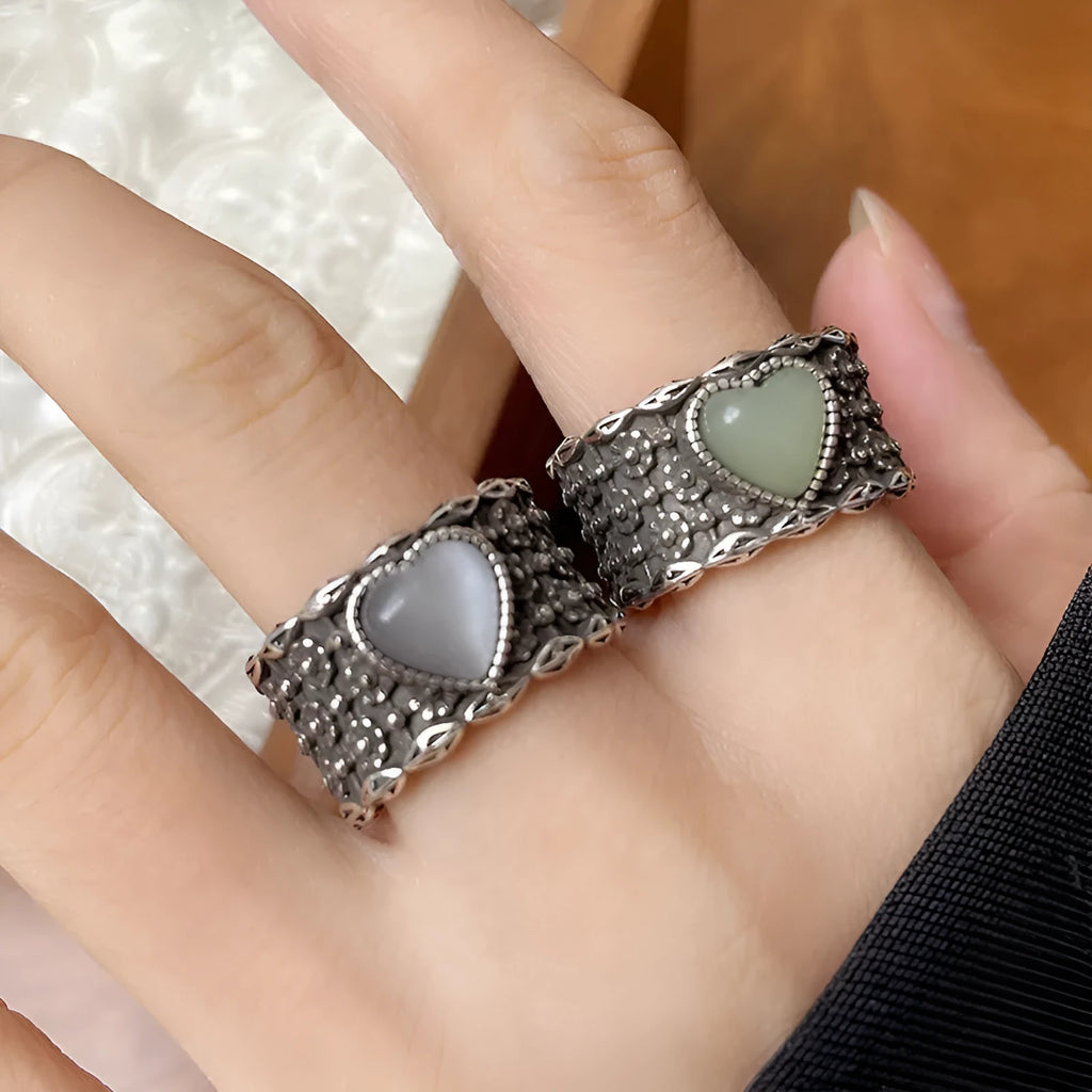 Retro wide-faced adjustable ring with heart shape and moon design in white copper plated silver