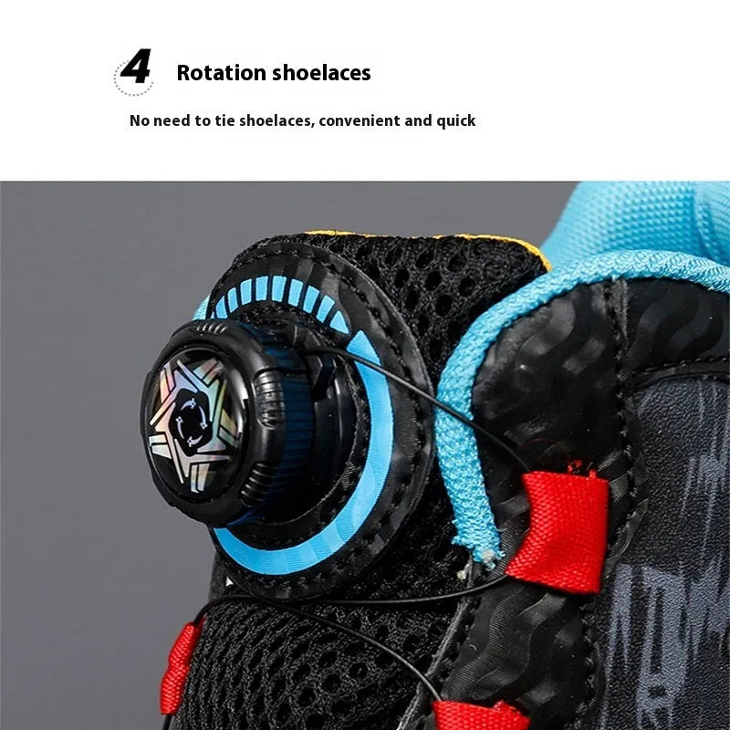Children's rotating button basketball shoes in synthetic leather with PU sole, showing fastening system and colour options