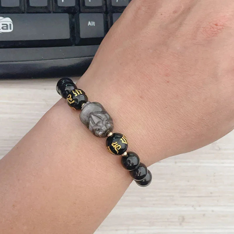 Men's Silver Stone bracelet with zodiac symbols and proverb beading in Chinese style design