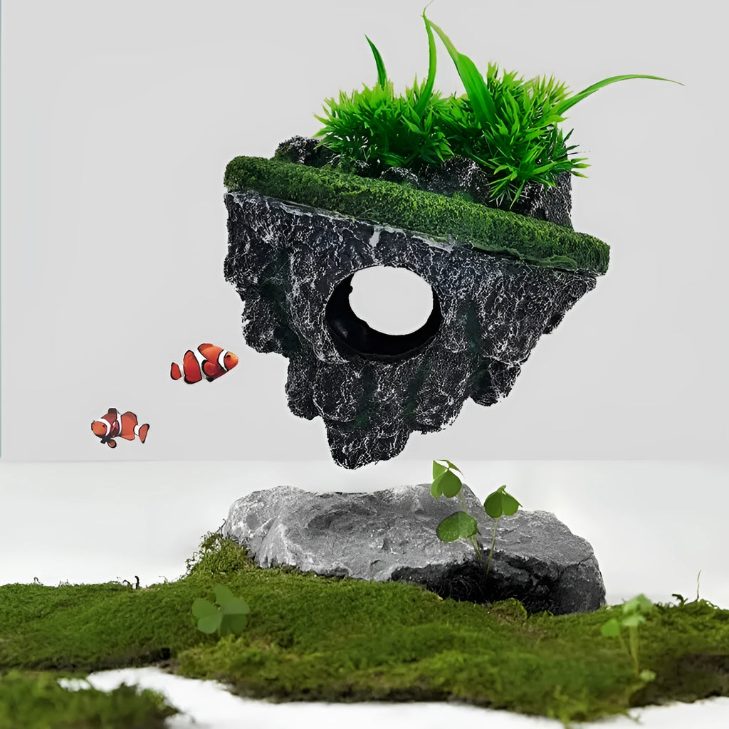 Medium resin fish tank landscaping suspended stone floating ornament with self-floating island option