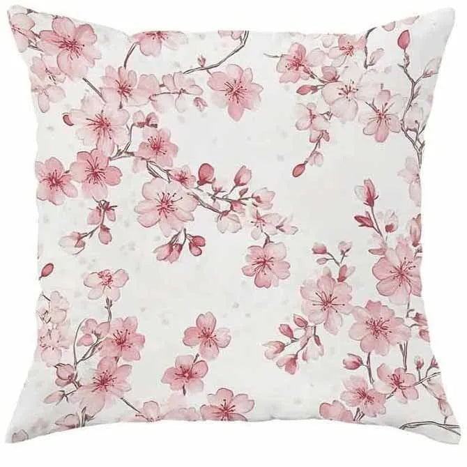 Square short velvet cushion cover with cherry blossom and letter print, 45cm by 45cm.