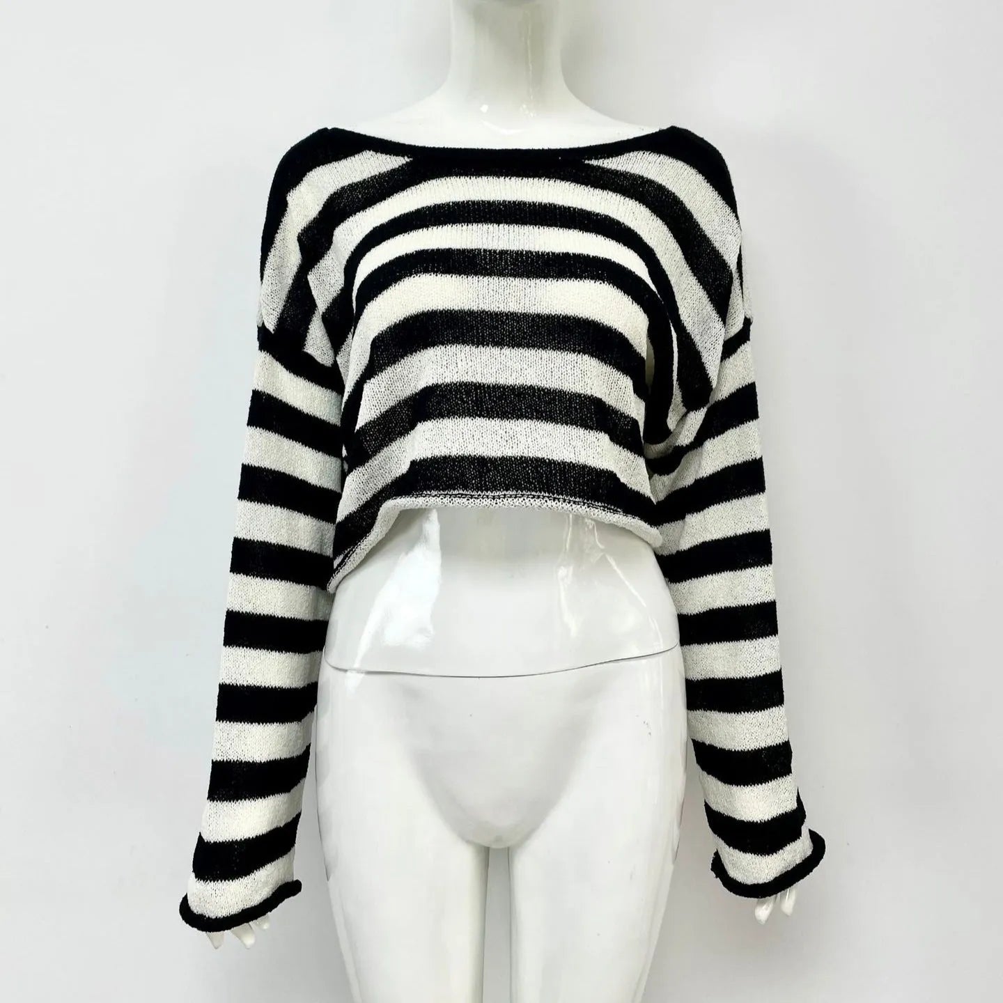 Striped long-sleeve pullover sweater in Mercerised cotton, shown in multiple colours, highlighting front/back wearable design.