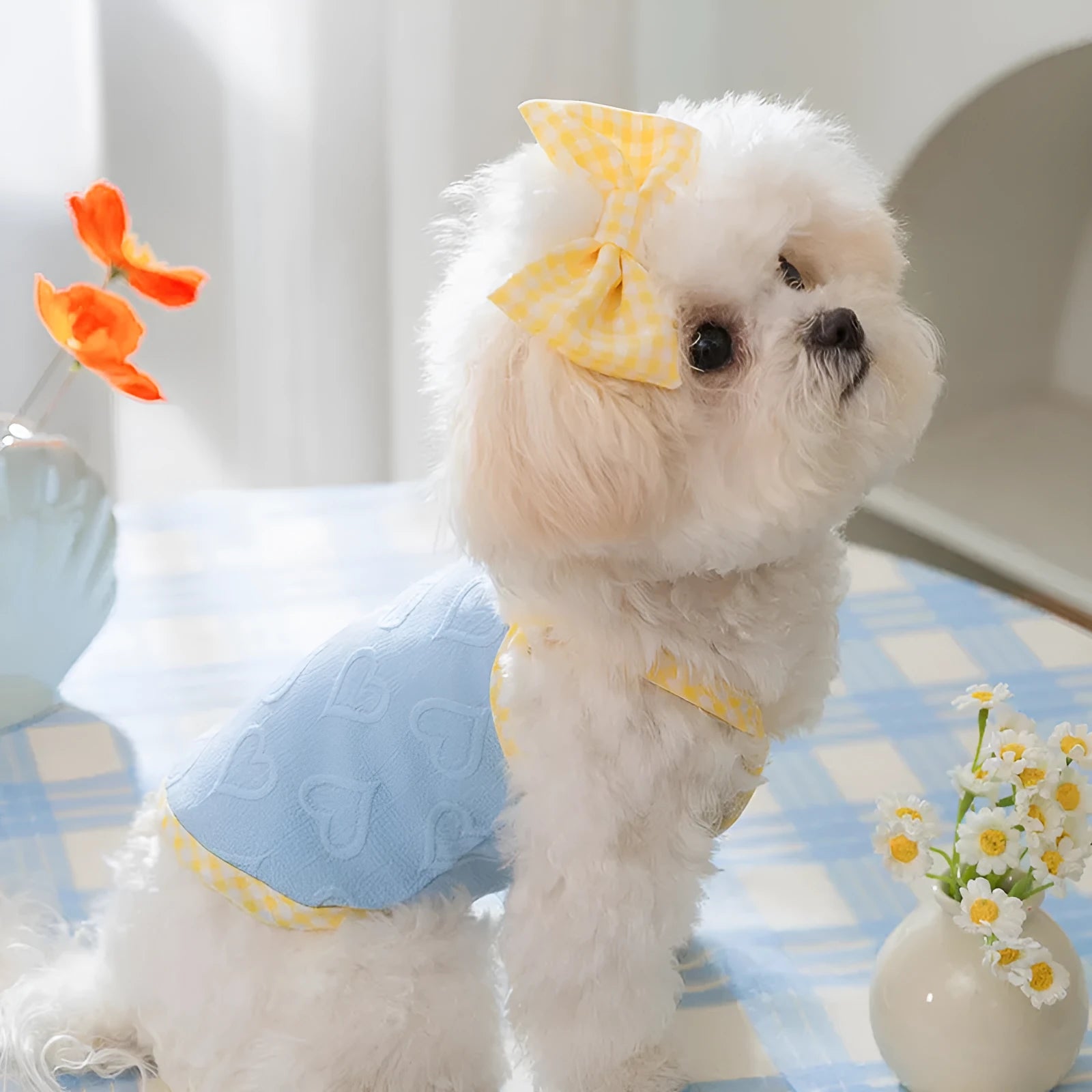 Small dog wearing heart texture vest with bow suspenders in Bondi Blue
