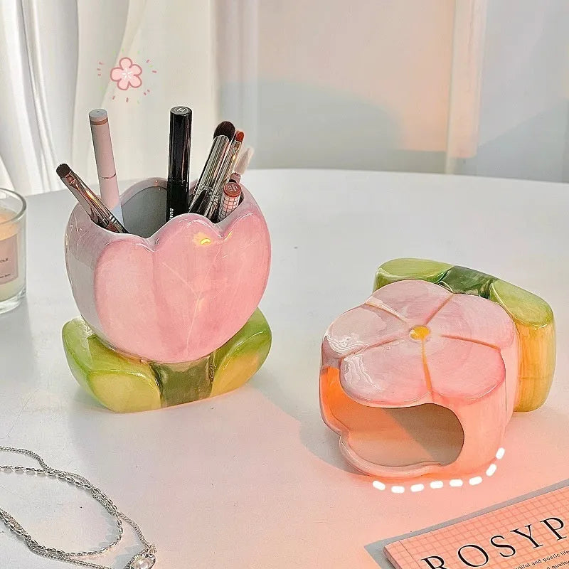 Ceramic flower pen holder storage box in floral pattern colours on desktop