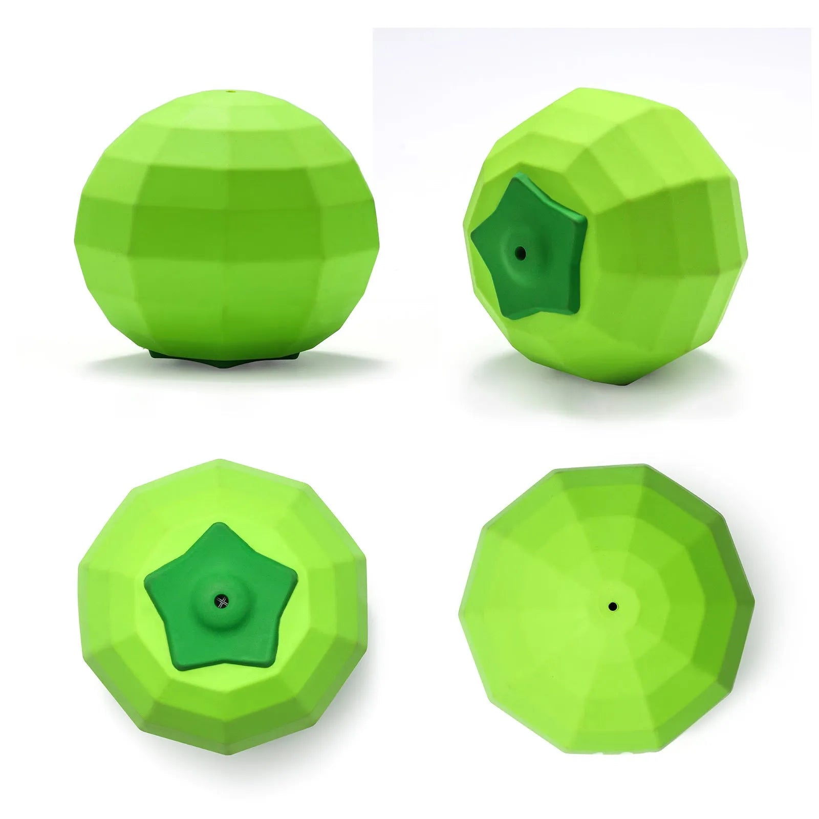 Green natural rubber squeaky dog toy for aggressive chewers, shown with dimensions.
