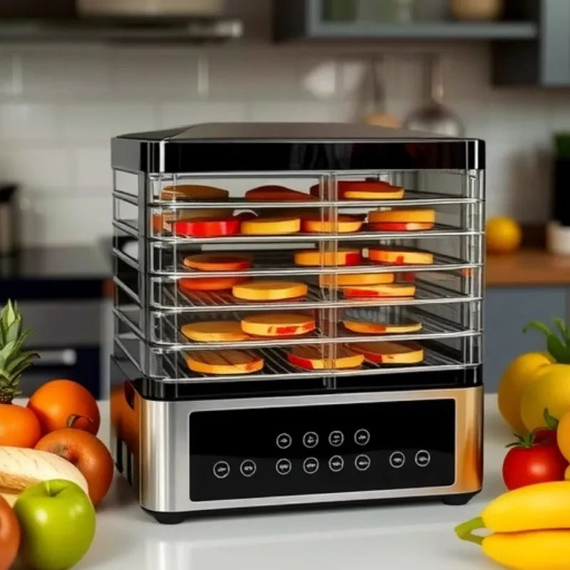 Silver stainless steel fruit dehydrator with 14L capacity and control panel for drying food at home