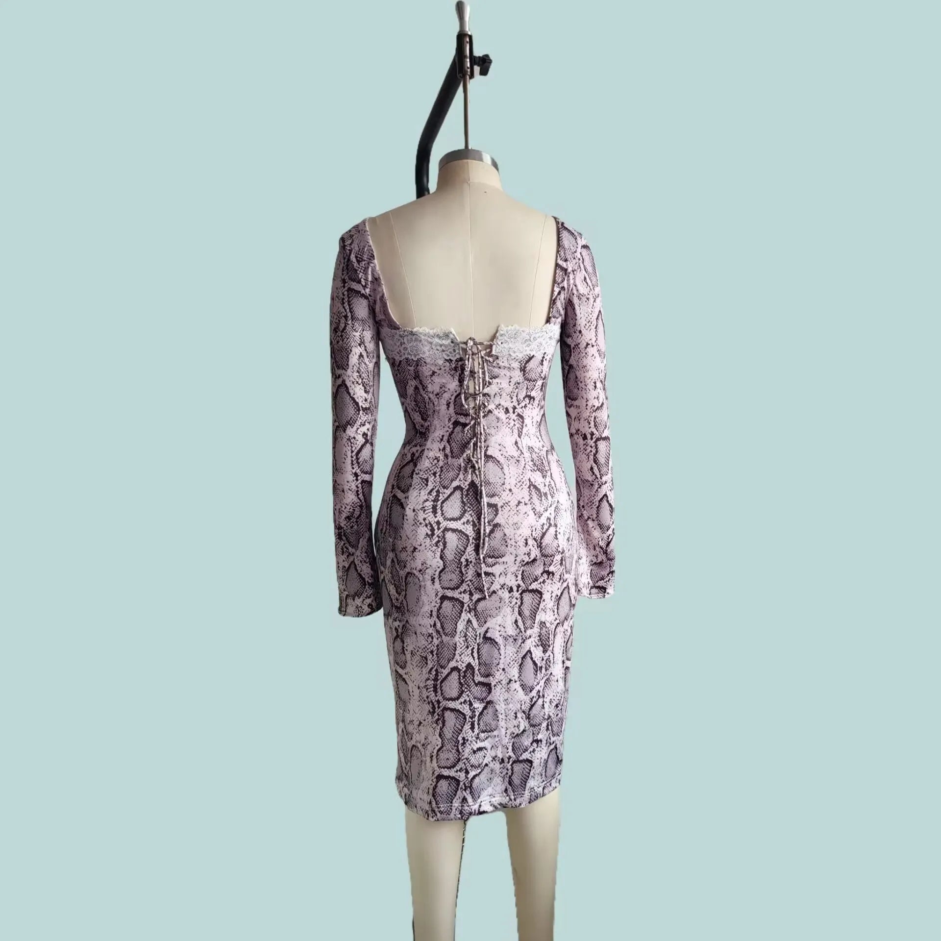 Grey digital printed slim fit lace dress with A-line skirt and long sleeves